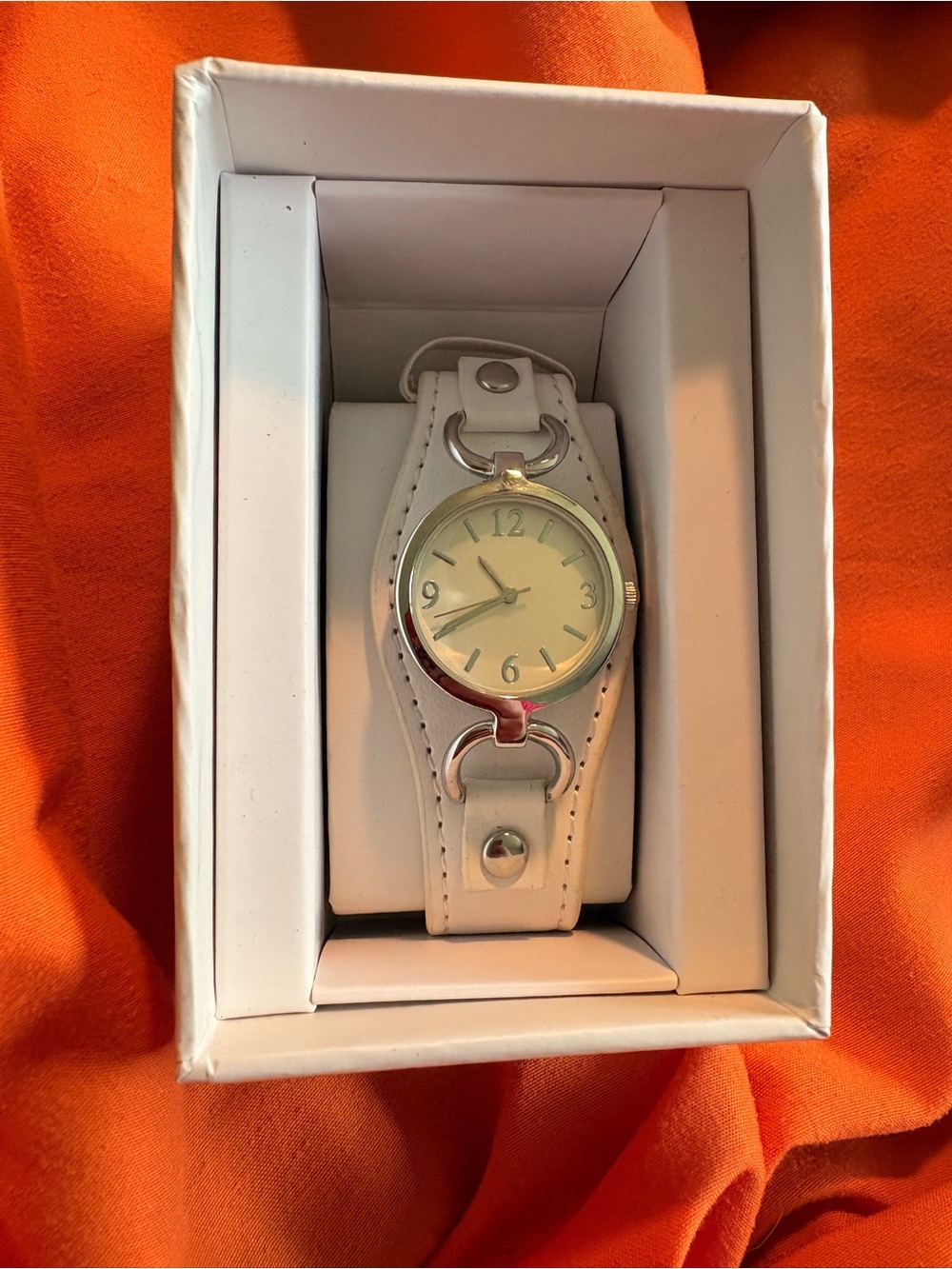 White Leather Cuff Watch with Silver-Tone Case